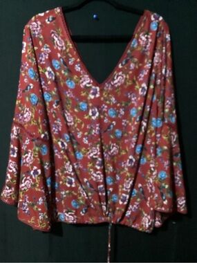Angie Burgundy Floral V-Neck Bell Sleeve Tunic